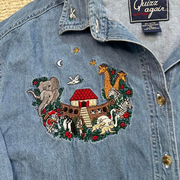 Embroidered vintage 90s faith cotton denim shirt Noah's Ark design xl button up - Picture 6 of 8